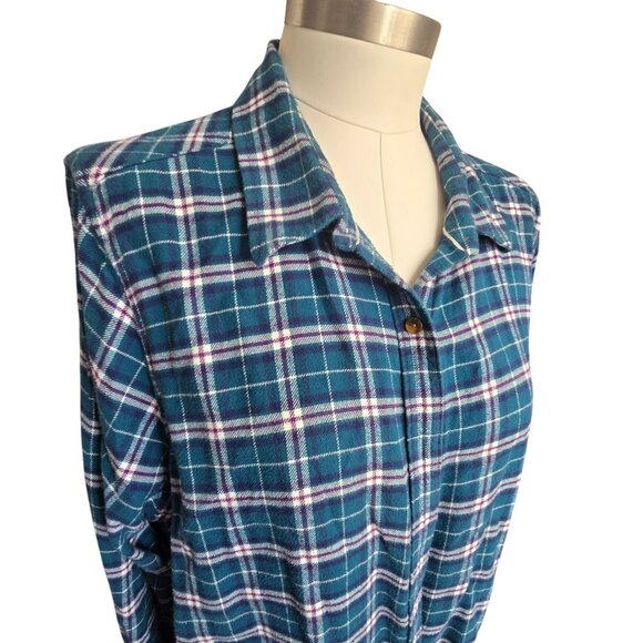 Lands End Womens Button-Up Shirt Teal Plaid Long-Sleeve Flannel CM2018 - Picture 1 of 9